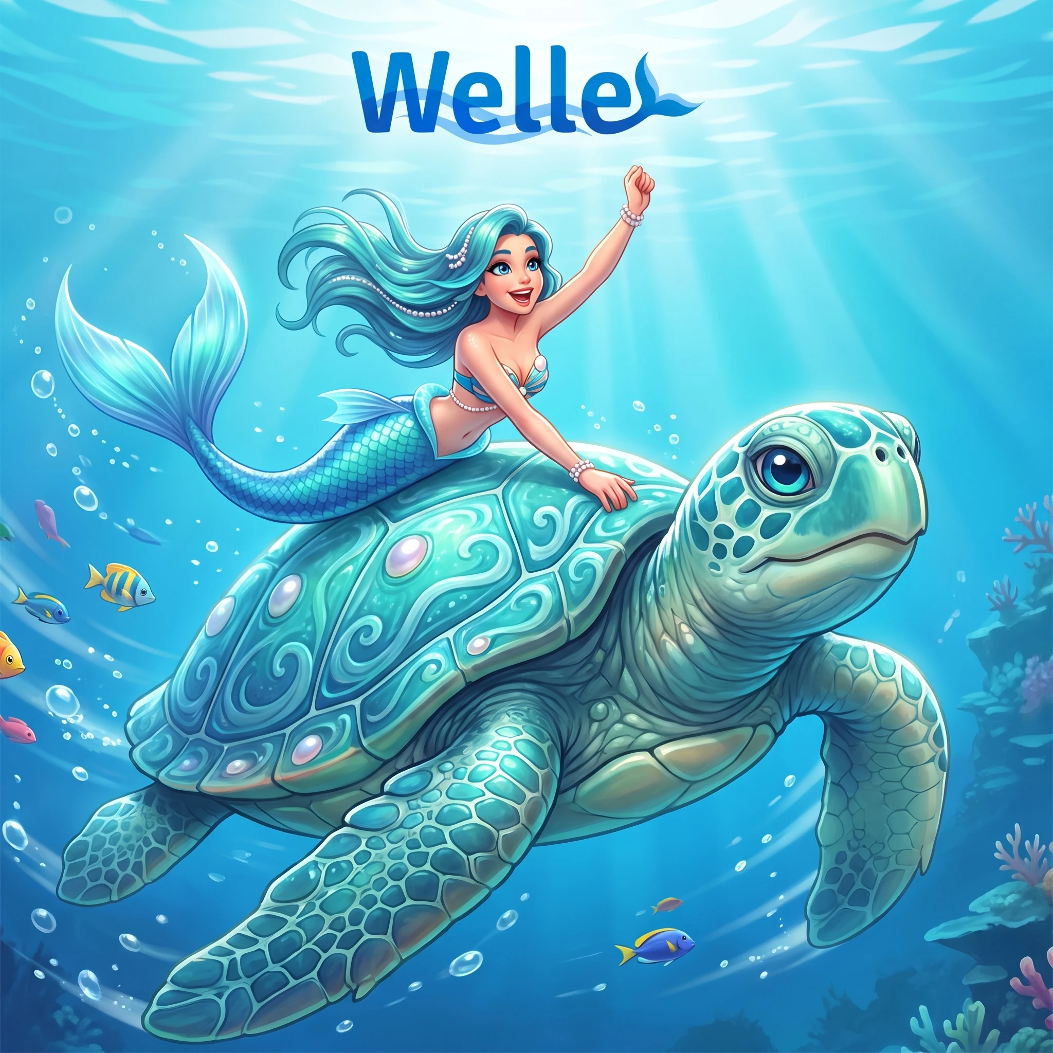 Meerjungfrau auf einer Meeresschildkröte in der Welle Casino Spielwelt